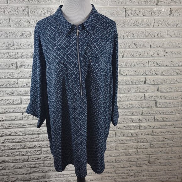 Catherines Tops - Catherines Plus Size 2X Blue Geometric Top 3/4 Sleeve Quarter Zip GEO58XE